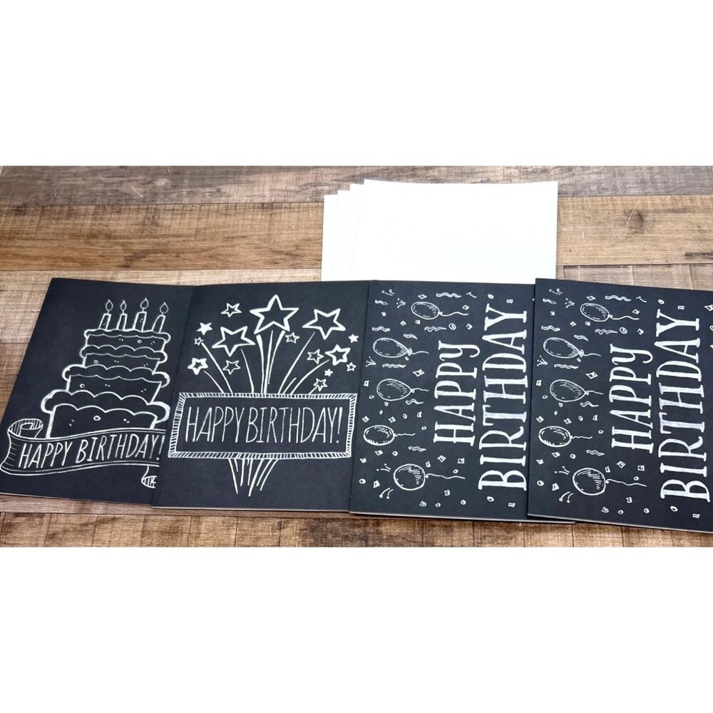 Set Of 4 Black Chalkboard Style Happy Birthday Greeting Cards With Envelopes